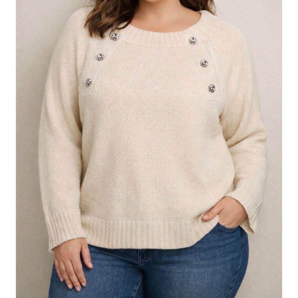 J.Crew Wool Blend Sweater NWT Size 2X Rhinestone Buttons Preppy‎ Quiet Luxury